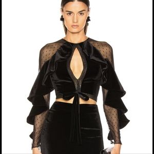 PatBO Long Sleeve Crop Top Black Swiss Dot & Velvet Size 8